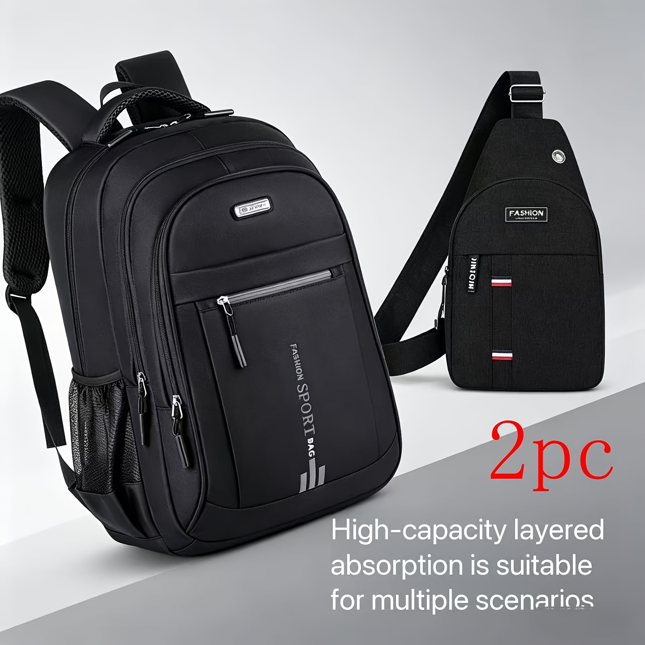 Black Multi-Compartment Travel Backpack, 48 x 32 x 18 cm with Eight Single- or Two-Piece Checkout Options