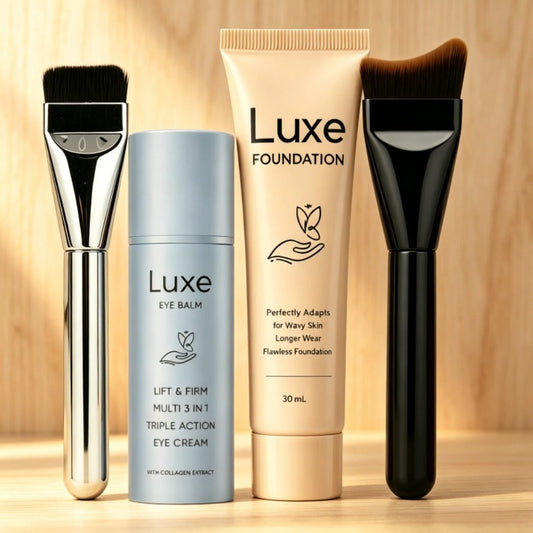 Liquid Foundation Makeup Set 4 Pcs — Full Coverage Buildable Foundation, Eye Cream Applicator & 2 Foundation Brushes, Natural Radiant Concealing Kit for All Skin Types, Women's Beauty Gift