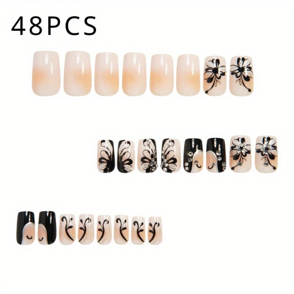 Matte Press On Nails 48 Pieces Black White Square – French Tip Butterfly Pattern Full Cover Detachable False Nails for Women | Elegant Nail Art Gift Set for Valentines Day Holiday Party Wedding