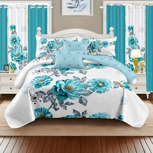Teal Floral Comforter Set Twin Queen King Gradient Oil Painting Style Botanical Luxury Quilt Bedding Soft Microfiber All Season Bed in a Bag Gift
