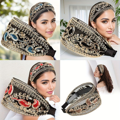 Lace Sequin Flower Headbands for Women 2pcs Wide Non-Slip Boho Retro Embroidered Hair Hoops for Daily Wear Spring Summer Wedding Party Chic Hair Accessories Gift Set Black Coffee Red Green