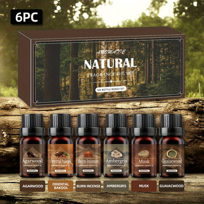 6-Bottle Woody Fragrance Oil Set with Agarwood, Amber, Incense, Cedar, Musk and Other Listed Scent Blends