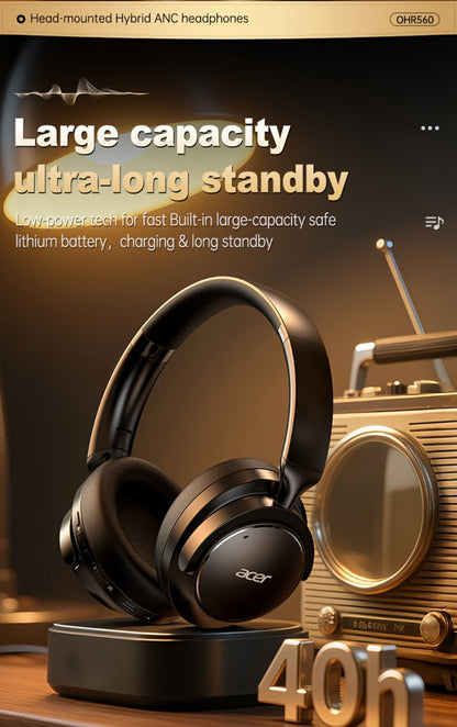 Acer OHR560 ANC Over-Ear Wireless Headphones, Full-Coverage Foldable Design HiFi Stereo HD ENC Call Noise Reduction Built-in Mic, 3.5mm Audio Cable Compatible for Work Travel Gaming Study