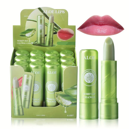 12-Piece Aloe-Themed Lip Balm Stick Set with Color-Changing Finish, Beeswax and Vitamin E Labels