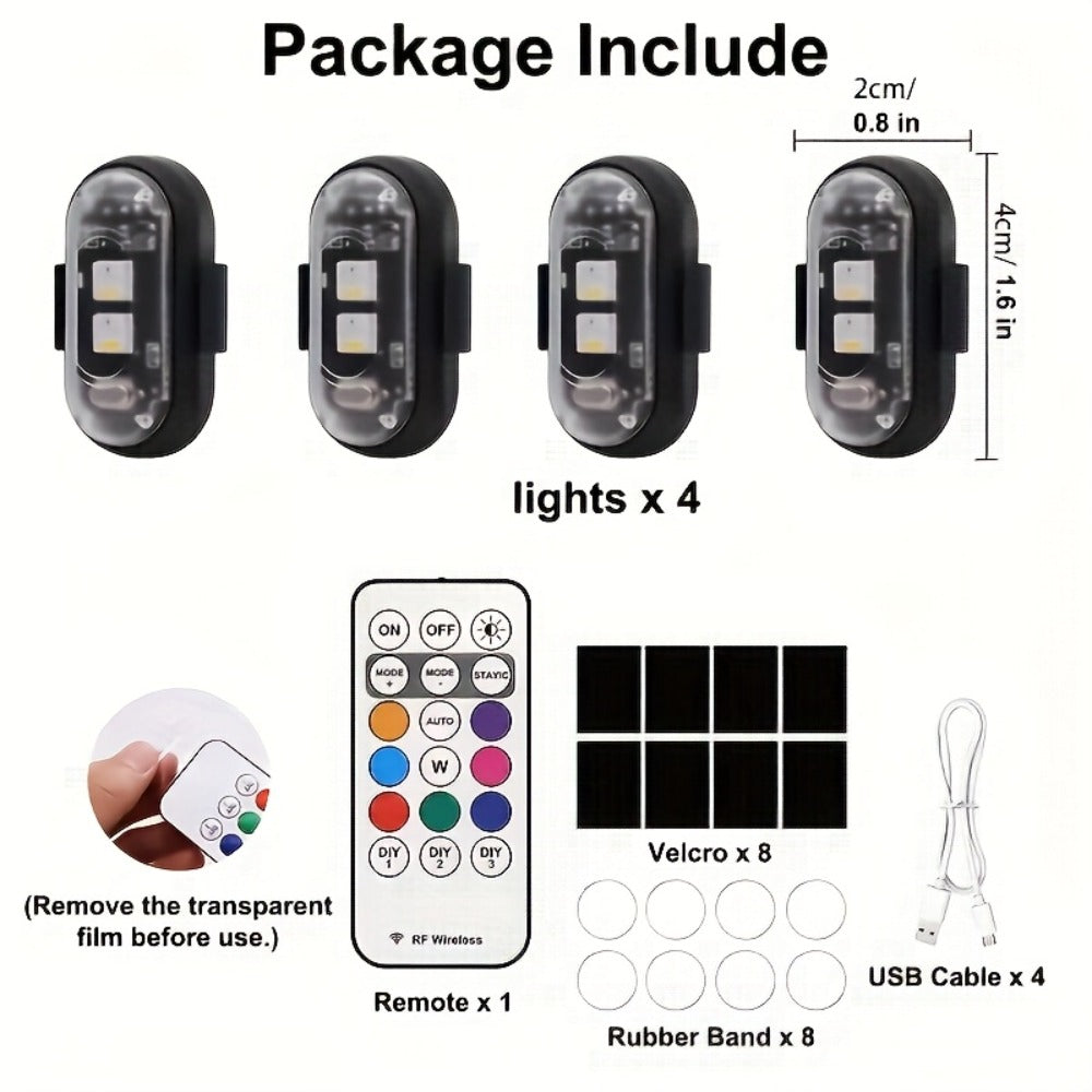 Wireless LED Strip Lights for Car – Magnetic Vibration Sensor, 8 Colors, Remote Control, USB Rechargeable, IP65 Waterproof Warning Light for Car Interior, Truck, Motorcycle & Bicycle