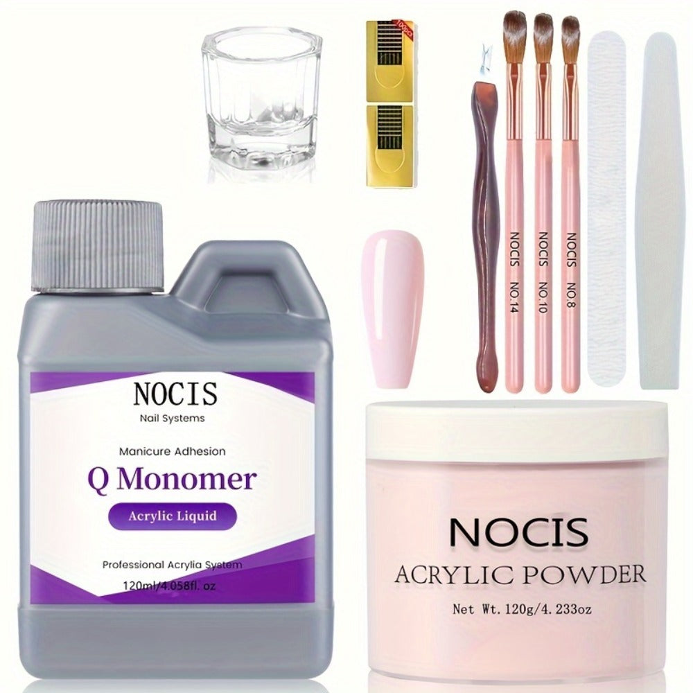 Acrylic Nail Kit NOCIS 120g Peach Pink Powder Set with Q Monomer, Brush Set, Nail File and Mixing Cup