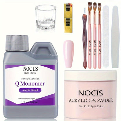 Acrylic Nail Kit NOCIS 120g Peach Pink Powder Set with Q Monomer, Brush Set, Nail File and Mixing Cup