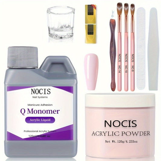 120g Peach Pink Acrylic Nail Kit 10-Piece — Crystal Powder Monomer Liquid Nail Brush Forms Complete Starter Set for Nail Extensions Salon & Home Use