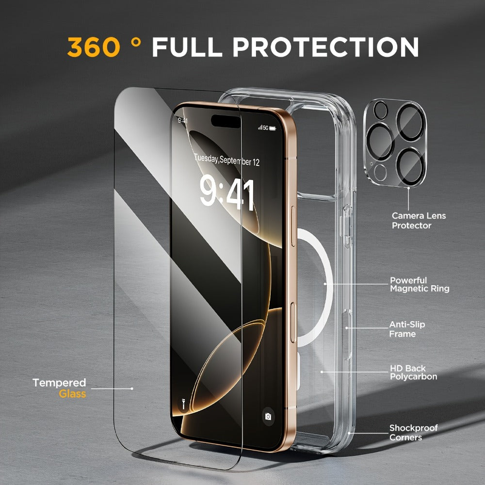 MagSafe iPhone Case with Screen Protector & Camera Lens Protector – N52 Super Magnet Shockproof Clear TPU PC Cover, Anti-Yellow, 3-in-1 Bundle for iPhone 16 16 Plus 16 Pro 16 Pro Max 15 14 13 11