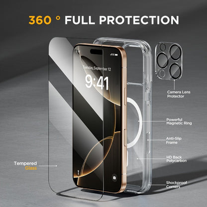MagSafe iPhone Case with Screen Protector & Camera Lens Protector – N52 Super Magnet Shockproof Clear TPU PC Cover, Anti-Yellow, 3-in-1 Bundle for iPhone 16 16 Plus 16 Pro 16 Pro Max 15 14 13 11