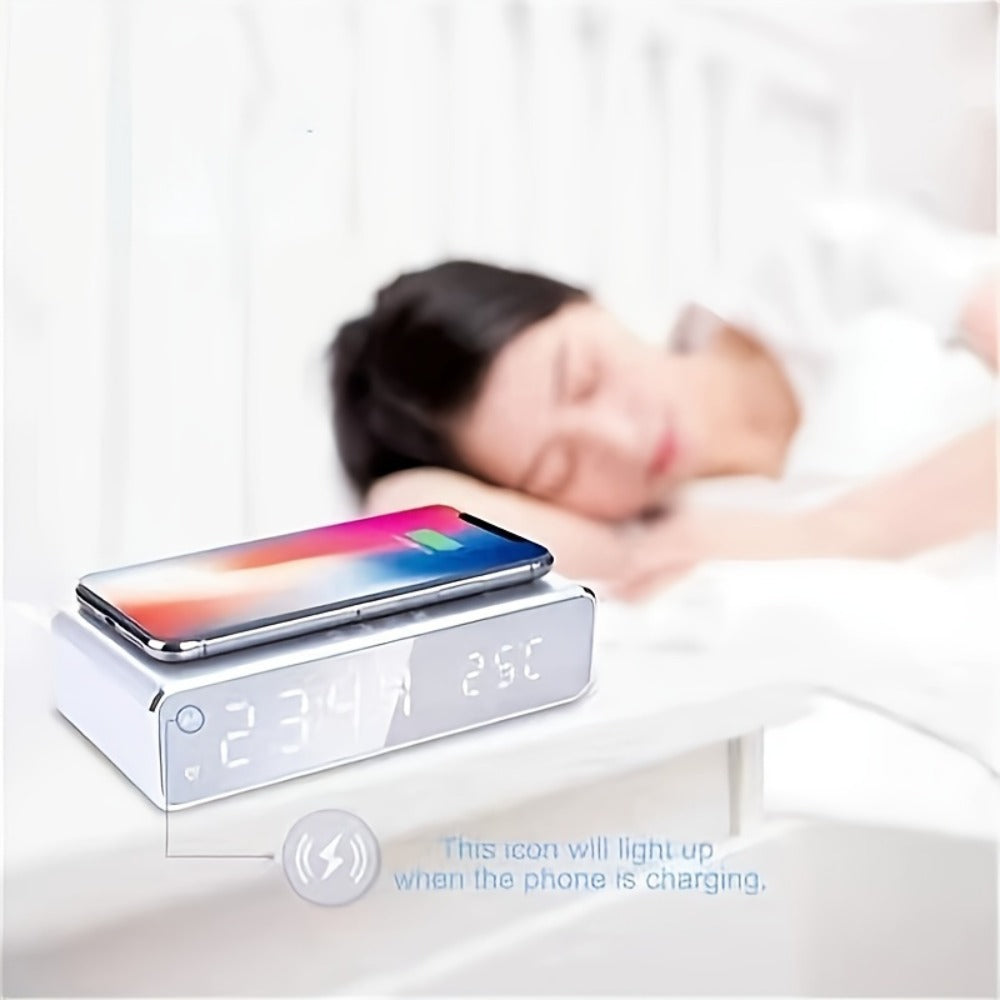 Wireless Charging Alarm Clock with Black or Silver-Tone Housing, Digital Time Display and Top Charging Surface