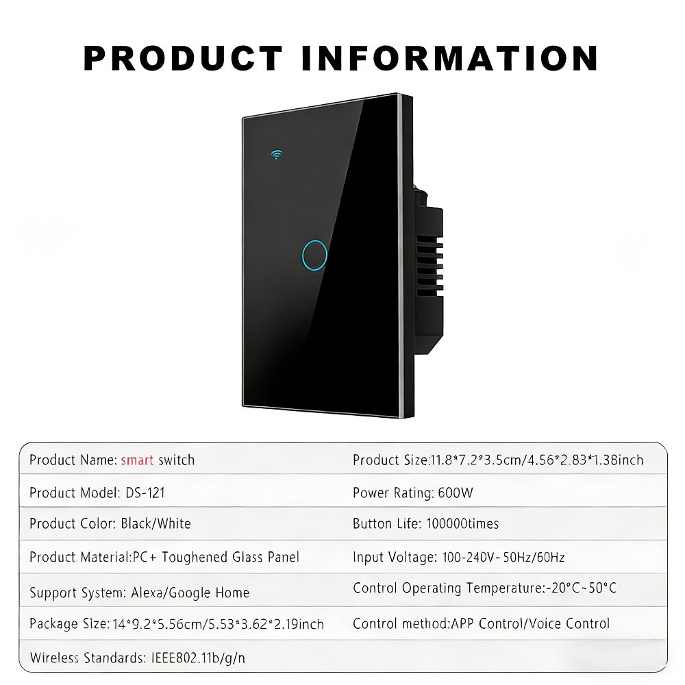 Black Glass WiFi Touch Wall Switch with One-, Two-, Three- or Four-Gang US-Style Options and Neutral-Wire Wiring