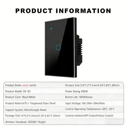 Black Glass WiFi Touch Wall Switch with One-, Two-, Three- or Four-Gang US-Style Options and Neutral-Wire Wiring