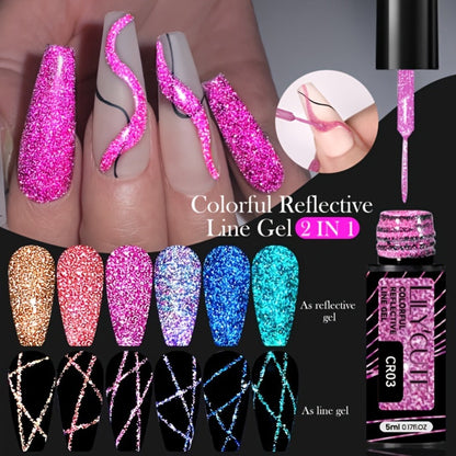 Reflective Liner Nail Art Gel Six-Bottle Set with 5ml CR01 to CR06 Colors and Slim Brushes for Detail Lines
