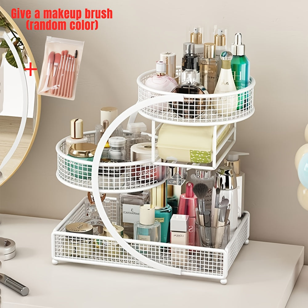 Metal Cosmetic Storage Rack with Makeup Brushes and Black or White Tissue Holder Configurations