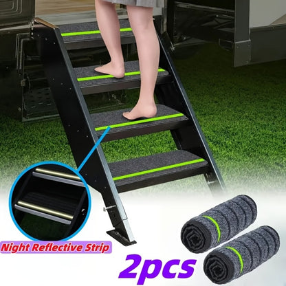 RV Step Covers Non-Slip Reflective – Durable Polyester Camping Rug Set for Travel Trailer, Motorhome & Outdoor Adventures, 2 or 4 Pack, Black