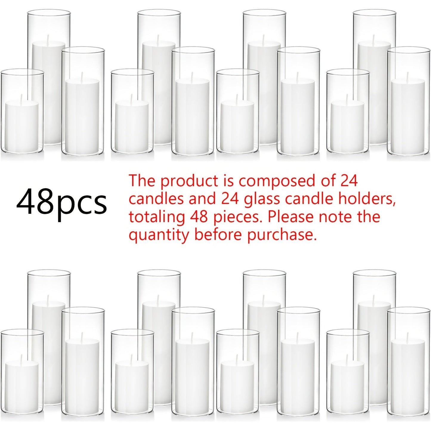 Pillar Candles with Clear Glass Hurricane Holders – Unscented White Cylinder Candles & Vases for Wedding Centerpieces, Party Tables, Home & Office Decor, Bulk Set 24 or 48 Pieces