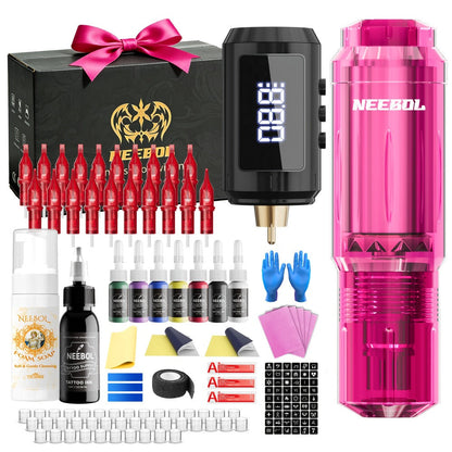 Tattoo Gun Kit Neebol Cordless Wireless 1600mAh Battery 20 Cartridge Needles 8 Inks White Soap Complete Tattoo Machine Set for Beginners & Artists Body Art Gift