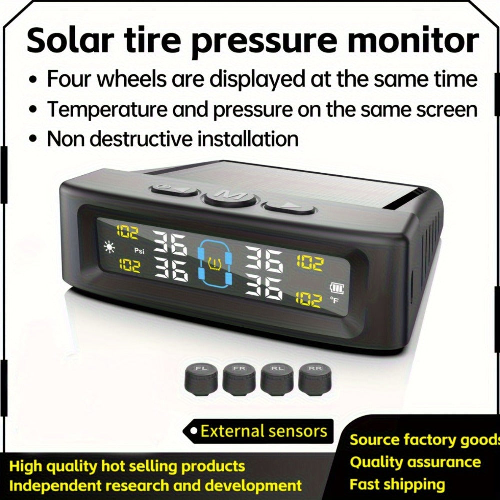 TPMS Tire Pressure Monitoring System – Wireless Solar & USB Powered, External Sensors, Universal Fit for 36V & Below Vehicles, Model T12