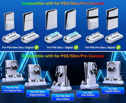 Five-in-One Console Stand Compatible with PS5 Models, Dual Controller Dock, Fan, USB Hub and Headset Holder