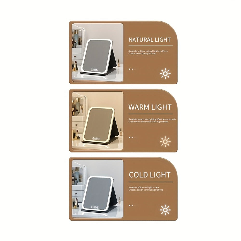 Makeup Mirror Foldable LED Travel Stand with Three Light Colors, Touch Dimming, USB Charging and Pink or White Options