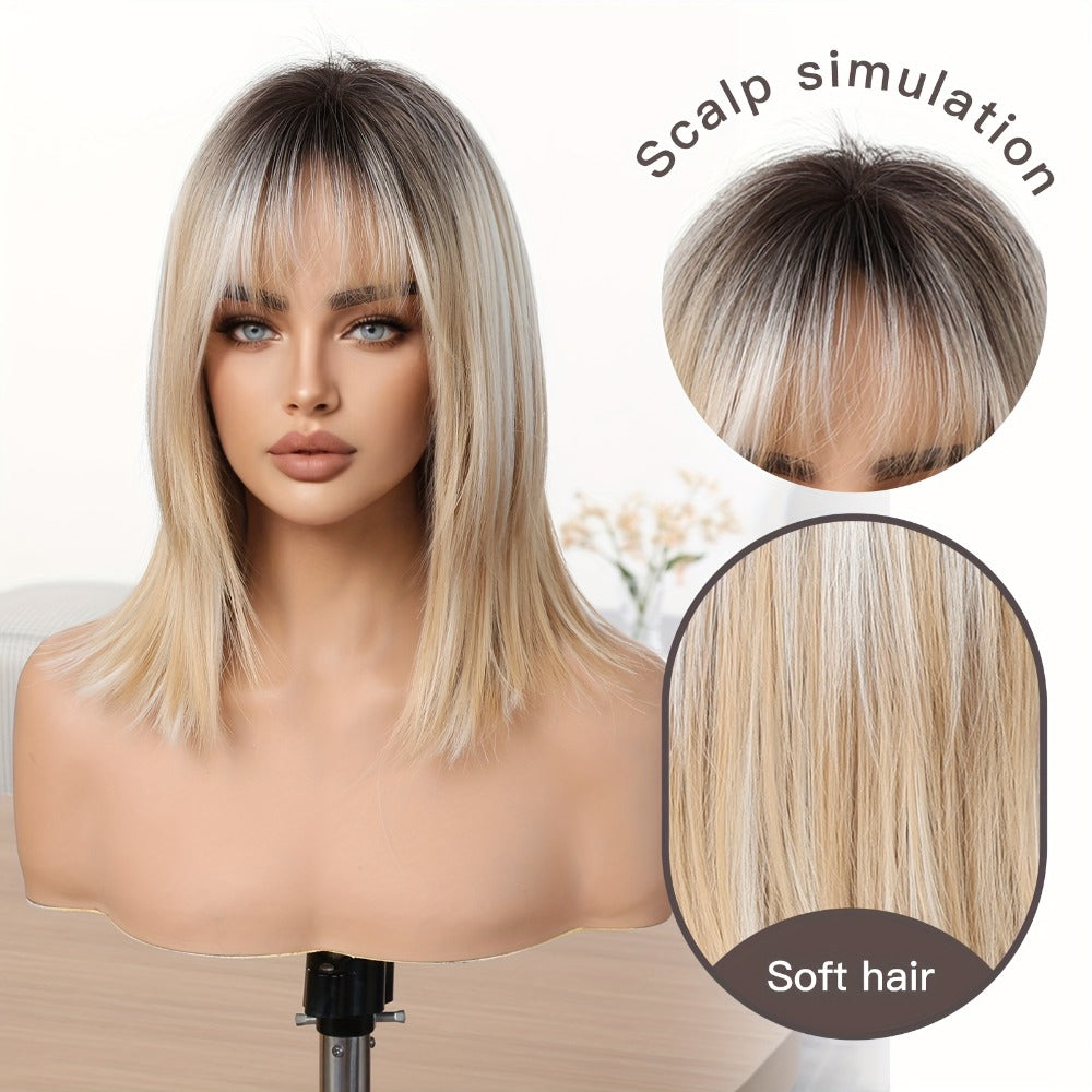Synthetic Wig 16-Inch Gradient White-Golden Straight Style with Bangs and Adjustable Rose Net Cap