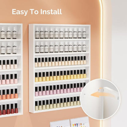 Wall Mount Nail Polish Rack 6 Tier Holds 120 Bottles with Acrylic Baffles — Large Nail Varnish Display Shelf Organizer for Salon Home White Black