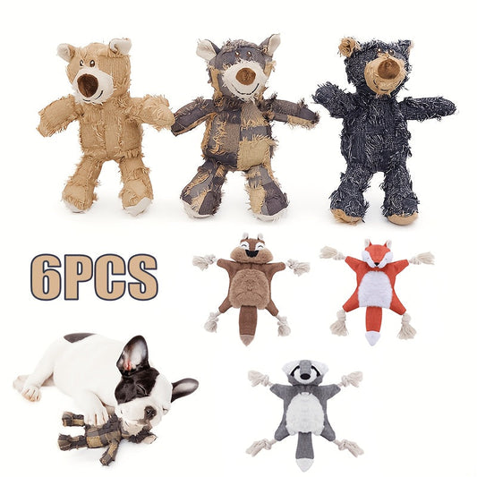 Dog Toy Plush Rope Animal-Print Squeaker Set with Random 6, 8 or 10-Piece Options and No Batteries