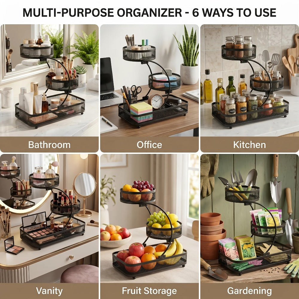 Bathroom Storage Rack 3-Tier Metal Countertop Organizer with Spray Bottle & Hooks – Rust-Resistant Diamond Mesh Shelf for Vanity, Skincare, Cosmetics & Toiletries