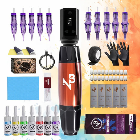 Tattoo Machine Set Complete Wireless - TM-72 Tattoo Pen Gun with Power Supply 10 Assorted Needles 8 Color Ink Bottles Full Tattoo Kit for Beginners & Professional Tattoo Artists
