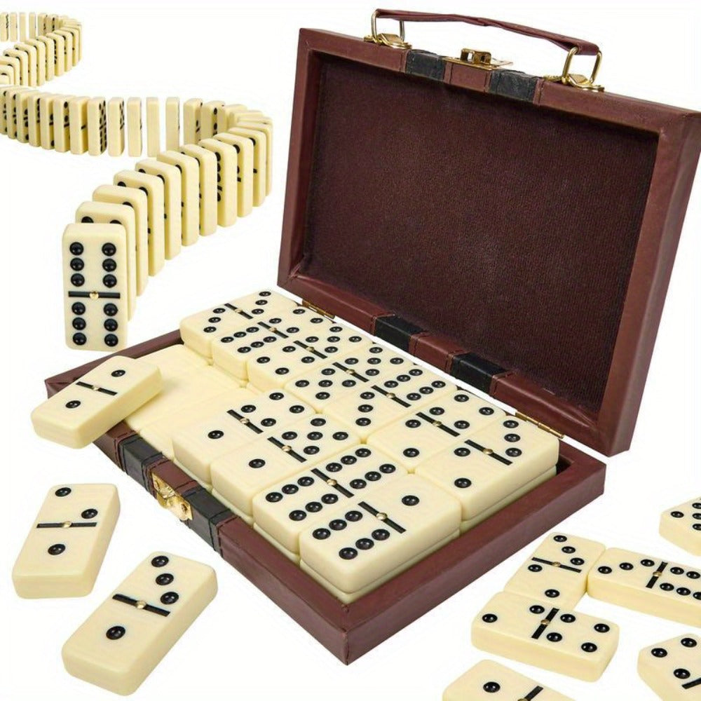 Domino Set 28 Tiles Classic Black with Leather Case – Durable Plastic Dominoes Portable Storage Box for Family Games Party Group Play, Holiday Christmas Thanksgiving Gift