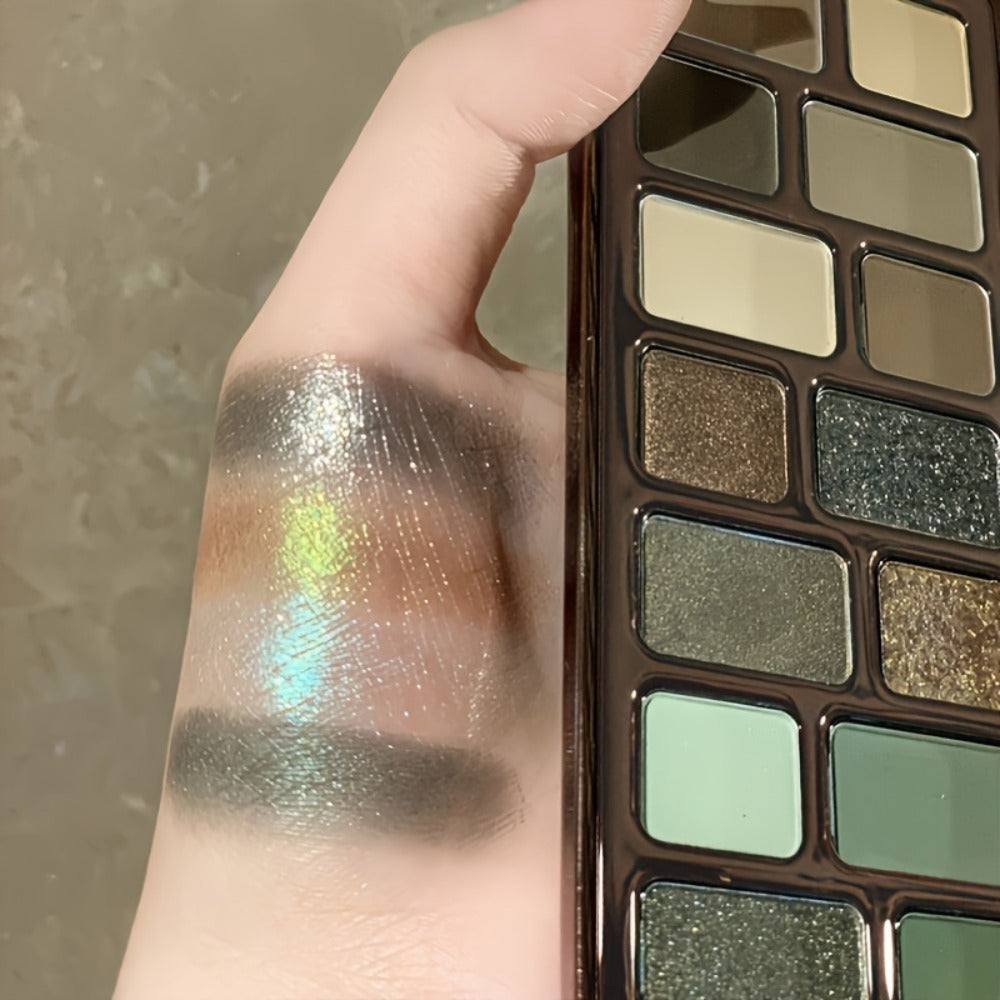 16-Color Eyeshadow Palette – Smoky Retro Matte Glitter & Pearlescent Shades, Gray Green Earthy Tones with Highlight & Blush, Compact Travel-Friendly Makeup Palette for Women