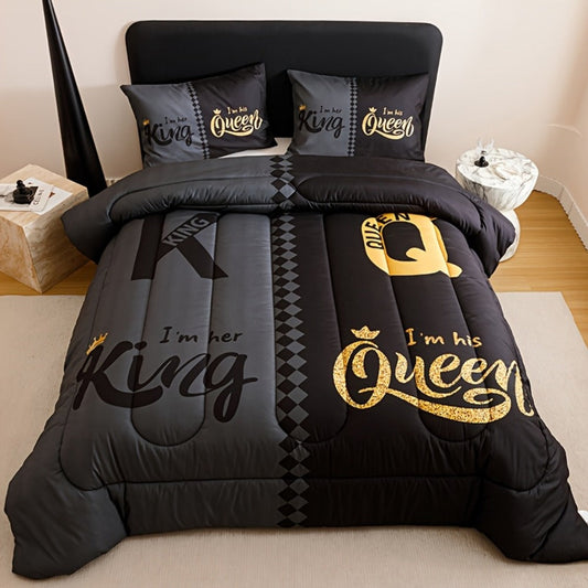 Comforter Set 3-Piece – Soft Breathable Quilt with 2 Pillowcases, Black Grey Color Block Crown Letter Print, Twin Full Queen King, 180GSM Bedroom Bedding Set