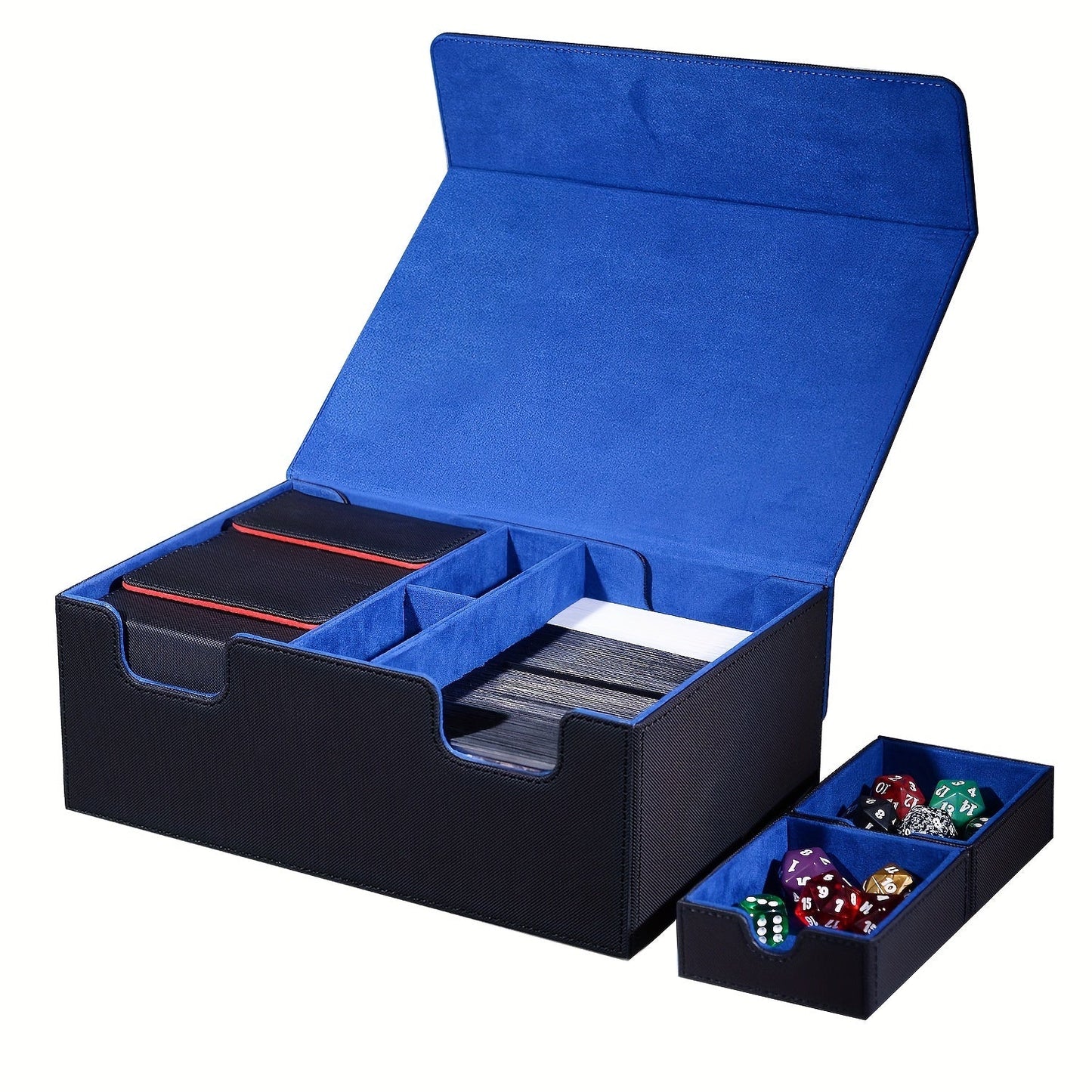 Magnetic Trading Card Deck Box for 600+ Cards with Four Deck Slots, Two Dice Trays and Four Colors