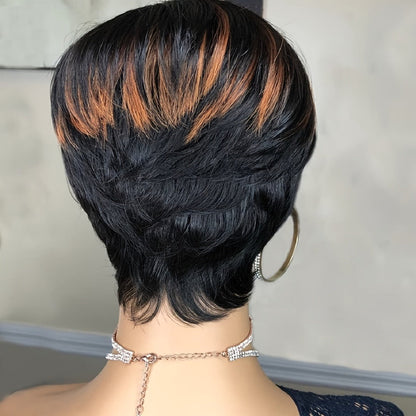 Short Pixie Cut Wig with Bangs Black Blonde Layered 4 Inch Rose Net Cap | Brown Blonde Mix Synthetic Wig for Black Women Daily Wear Office Party