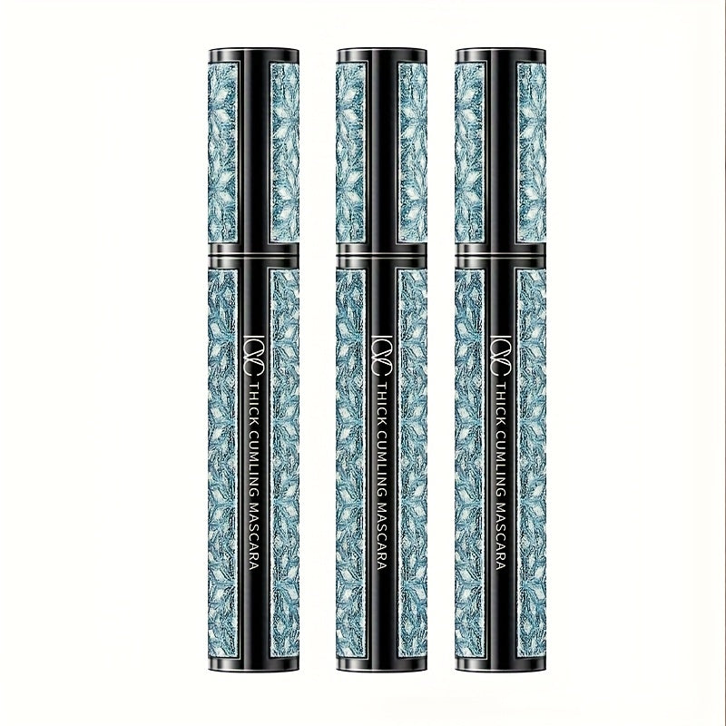 Black Mascara Three-Piece Set in Tall Silver Crystal-Pattern Tubes with Straight Black Bristle Wands