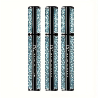 Black Mascara Three-Piece Set in Tall Silver Crystal-Pattern Tubes with Straight Black Bristle Wands