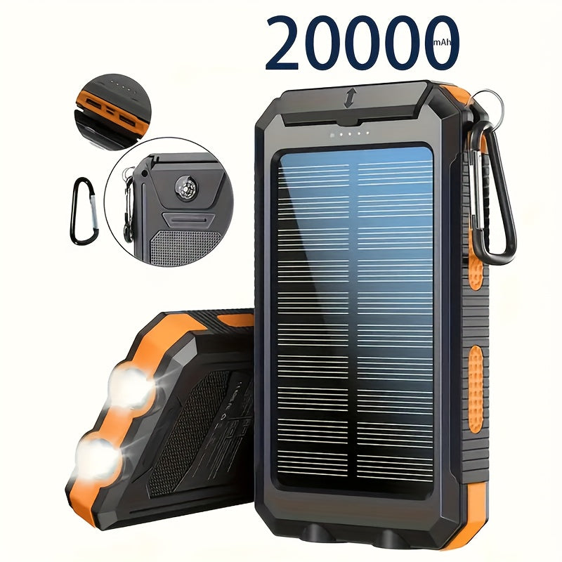 Solar Power Bank, 20000mAh Dual-USB Charger with Solar Panel, LED Flashlight, Compass and Five Color Options