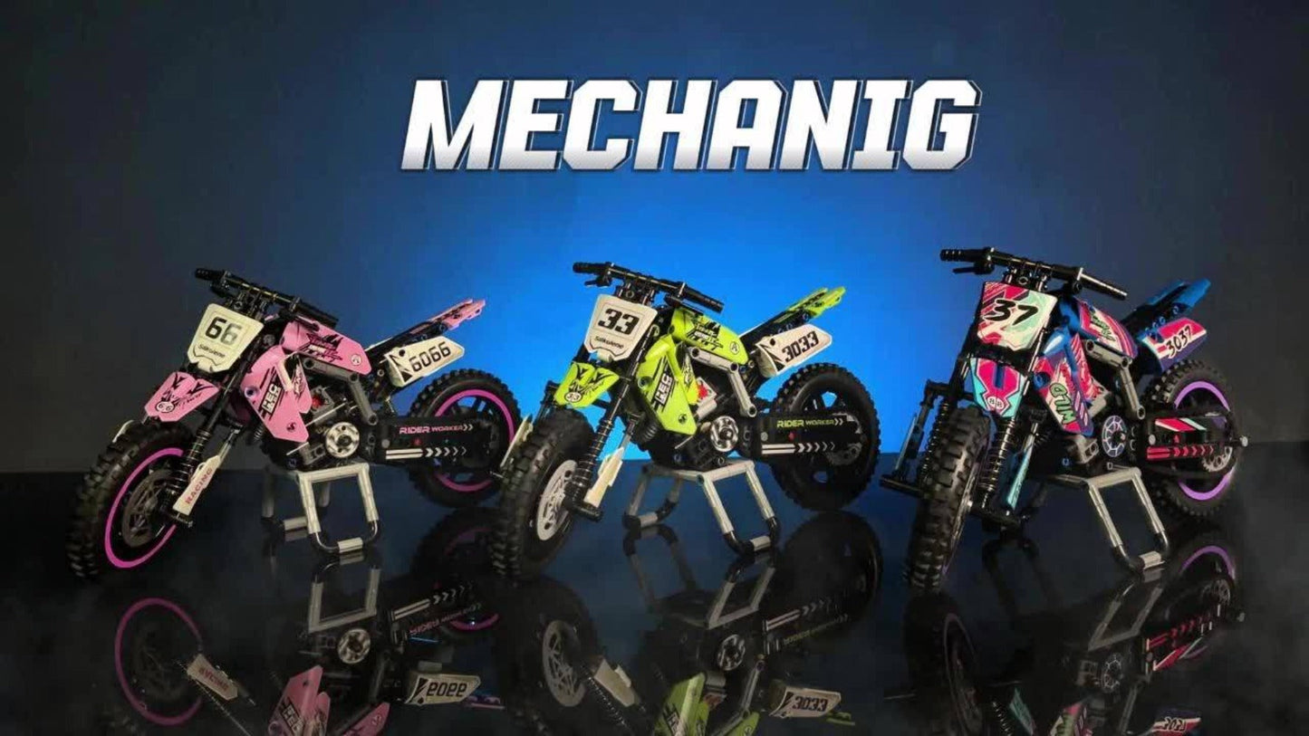 Building Block Set Off-Road Motorcycle Model, 476-Piece Purple and Black Bike with Display Dimensions and Instructions