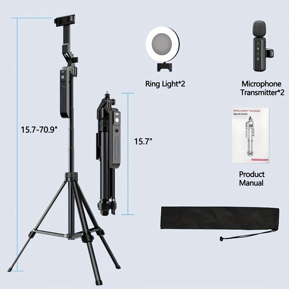AI Face Tracking Vlogging Kit All-in-One with 70.9 Inch Tripod, LED Fill Light & Microphone – 360° Auto Tracking Content Creator Bundle for TikTok YouTube Instagram, iPhone & Android Compatible