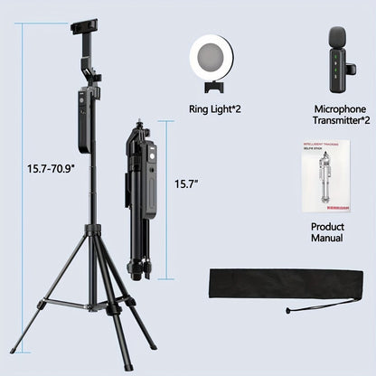 AI Face Tracking Vlogging Kit All-in-One with 70.9 Inch Tripod, LED Fill Light & Microphone – 360° Auto Tracking Content Creator Bundle for TikTok YouTube Instagram, iPhone & Android Compatible