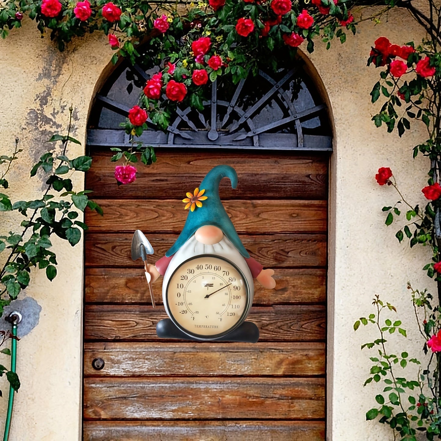 Metal Gnome Analog Thermometer Wall Decor with Teal Hat, Flower Accent and Round Temperature Dial