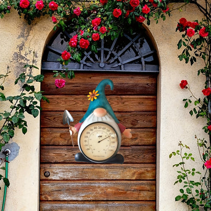 Metal Gnome Analog Thermometer Wall Decor with Teal Hat, Flower Accent and Round Temperature Dial