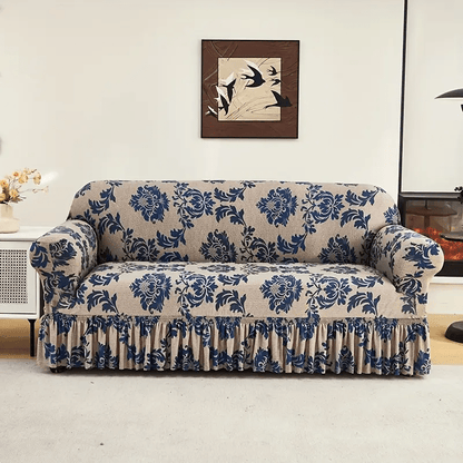 Sofa Slipcover, Dark Blue Stretch Cover with Ruffle Skirt, Fixed Rod and One-to-Four-Seat Options