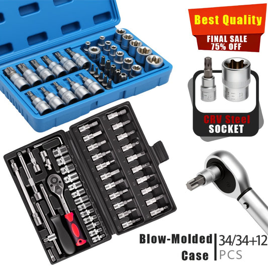 Torx Star Bit Socket Set 34/46-Piece - 3/8" Drive CR-V E-Socket E4-E20, T10-T60, Tamper-Proof TT10-TT55, S2 Steel, 5/16"F to 3/8"M Adapter, Storage Case - For Car, Truck & Home Improvement