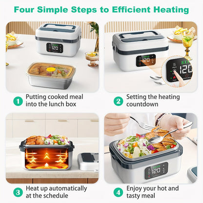 Self Heating Lunch Box Battery Powered 8000mAh - 60W Portable Electric Food Warmer with Smart Timer 1 Liter Stainless Steel Inner Container for Home Car Office and Truck, Leak Proof with Fork Spoon and Carry Bag, Gift for Men and Women