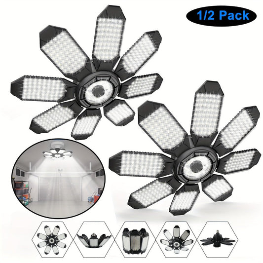 LED Garage Lights 25000LM Deformable – 250W Equivalent E26/E27 Screw-In Ceiling Shop Light with 6+1 / 8+1 Adjustable Panels for Garage, Basement, Attic & Warehouse (1, 2 or 4-Pack)