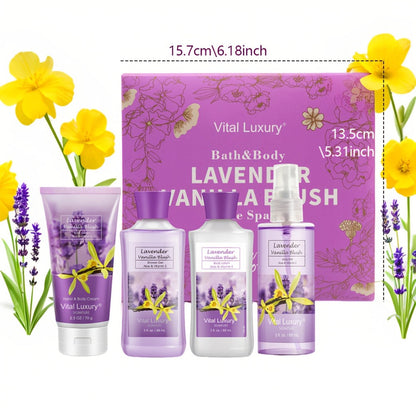 Luxury Bath Gift Set for Women 4pcs Lavender Vanilla Body Care Kit Shower Gel Body Lotion Body Cream Fragrance Mist for Mom Wife Girlfriend All Skin Types