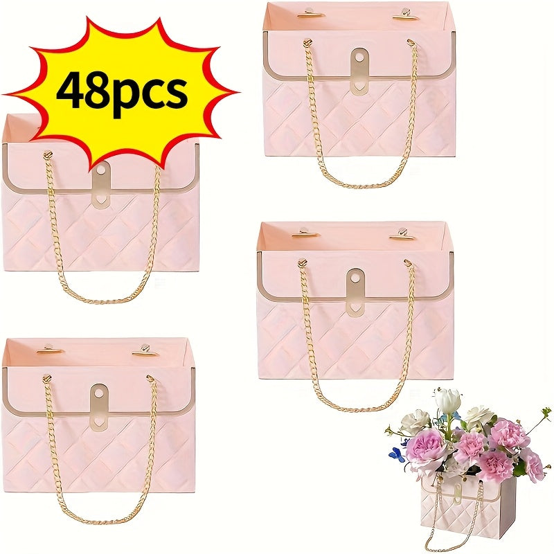 Paper Flower Bouquet Gift Bags with Metal Chain Handles in Black, Pink, White or Mixed Colors, 12–48 Pack Options