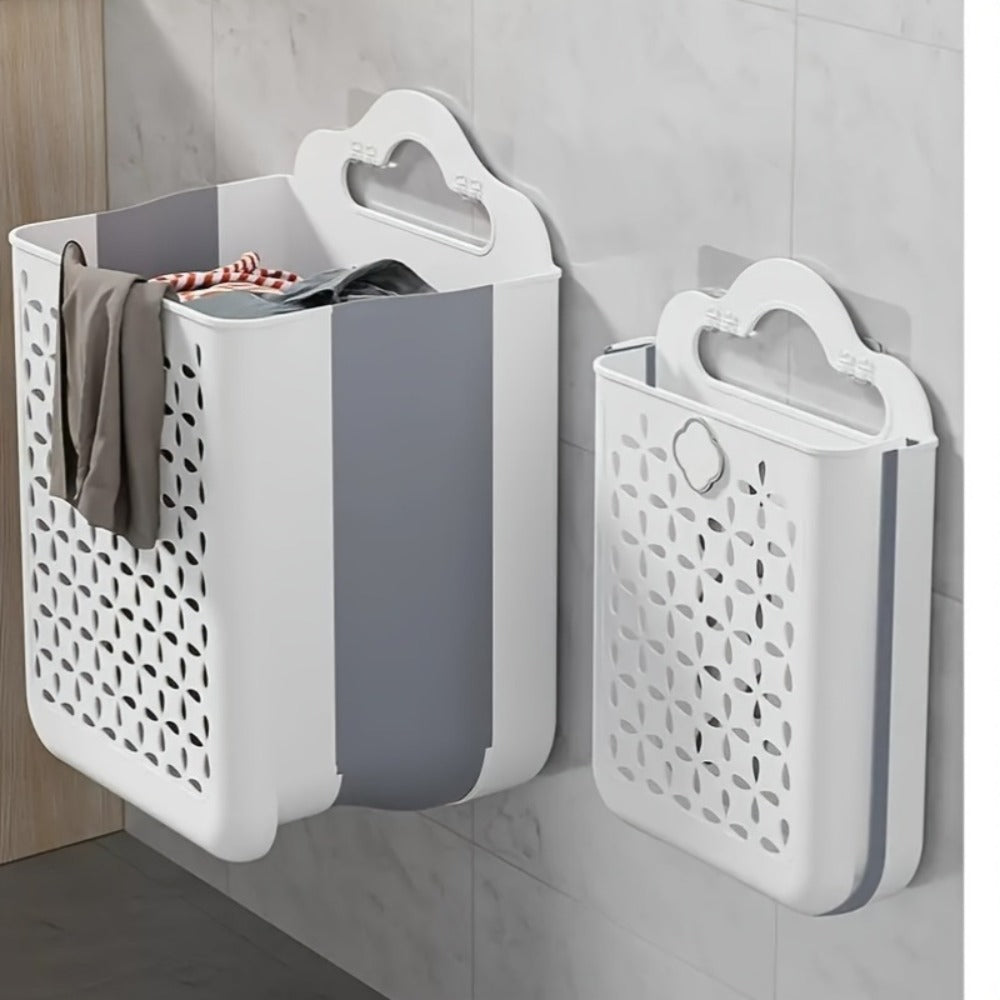 Foldable Laundry Basket Wall Mounted – No-Drill Plastic Storage Bin with Cutout Design for Clothes, Toys, Snacks & Fruits – Space-Saving Collapsible Organizer for Bathroom, Balcony & Bedroom